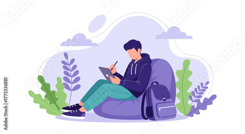 Young Individual Sketching Digital Art Project Concept While Relaxing On a beanbag Chair