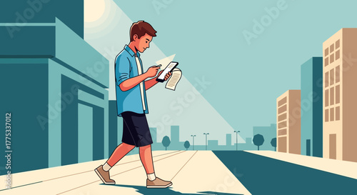 Young Man Walking While Using his Tablet and Papers in Digital Cityscape Environment