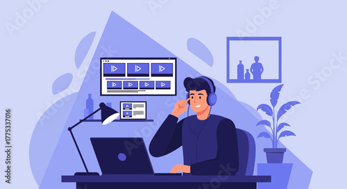 Young Man Watches Streaming Video Content on Multiple Screens with Headphones