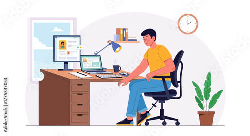 Young Man Working At His Desk In a Modern Home Office With Online Profile