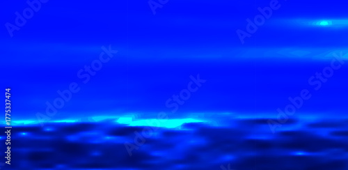 A gradient of vibrant blues dominates the scene, where hazy, amorphous shapes form a horizon line beneath a vast expanse of darker blue sky, creating a dreamlike atmosphere