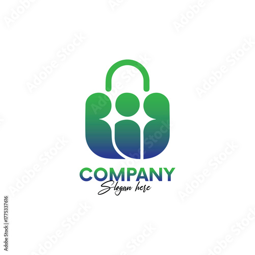 Modern community shopping bag logo design in gradient green and blue for brand identity and creative business marketing solutions