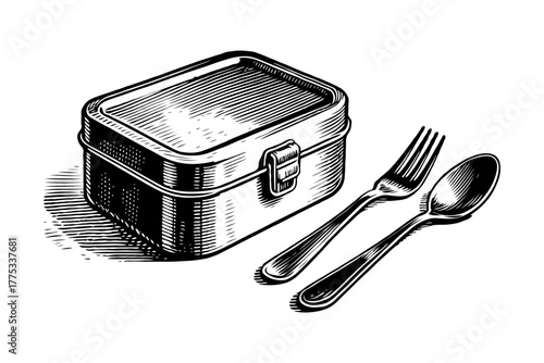 Metal lunchbox with fork and spoon in hand-drawn engraving style on white background, concept of traditional meal container and utensils