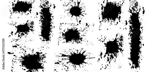 Abstract composition featuring multiple black ink splatters and stains against a clean white backdrop, showcasing dynamic and grungy textures for creative designs and artistic effects