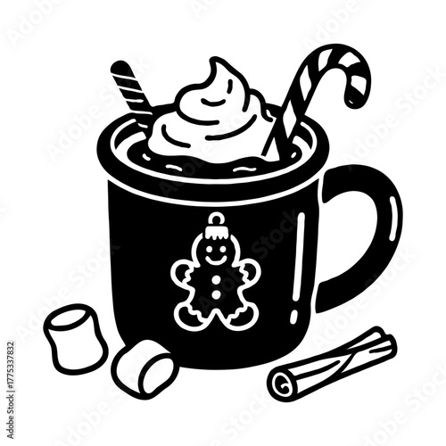 Black graphic of holiday hot chocolate with whipped cream, candy cane, and marshmallows on white background. Winter cozy drink concept