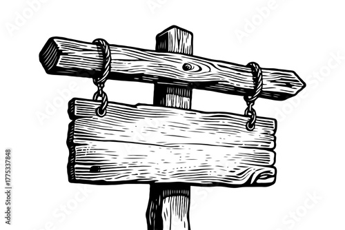 Old wooden hanging signboard with chains in engraved sketch style on white background. Concept of rustic signage or vintage announcement