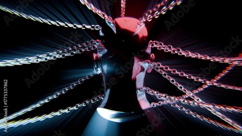 Abstract digital art featuring a metallic human head or bust, bound by numerous chains, with powerful light rays radiating outwards against a dark background in Seamless Loop