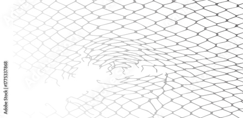 Monochromatic silver netting with diamond shapes features a worn spot dissolving into a white background, creating a fragile yet visually compelling abstract composition