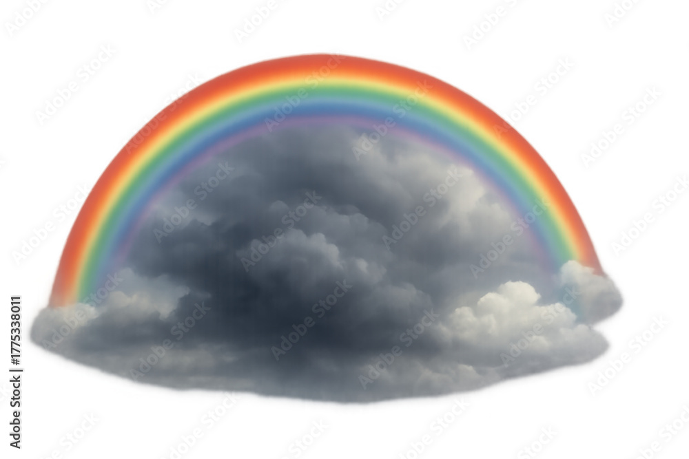 Naklejka premium Rainbow arching over dark storm clouds, symbolizing hope, contrast, change, and overcoming adversity on transparent background