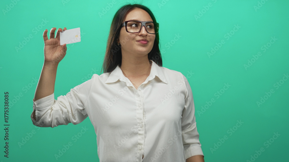 Naklejka premium Woman holding white card and pointing finger in studio teal backdrop, wearing glasses and white shirt, smiling toward camera; confidence.
