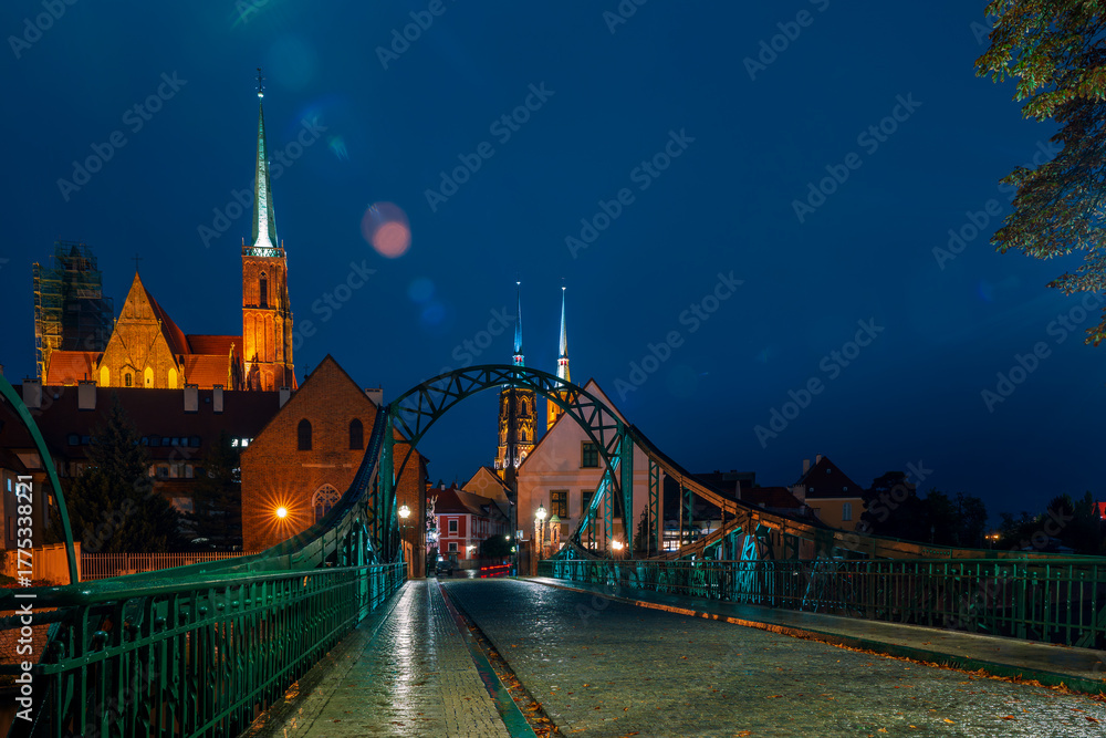 Obraz premium View of the Church of the Holy Cross and Wrocław Cathedral at night, Poland.