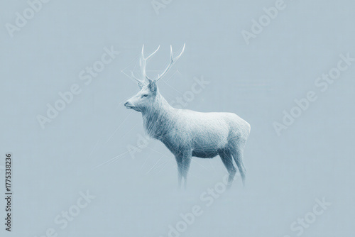 majestic deer with augmented reality antlers illuminated by digital lines stands against clean white background
