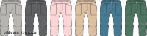 A set of children's cargo pants flat sketches in a palette of six different colors. Technical fashion illustration for apparel design and clothing manufacturing