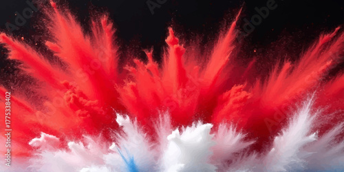 Brilliant red and white fireworks burst in the night sky, a blazing explosion of light and color