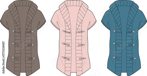Set of women's short-sleeved hooded cardigan vest technical fashion flat sketches with toggle closures