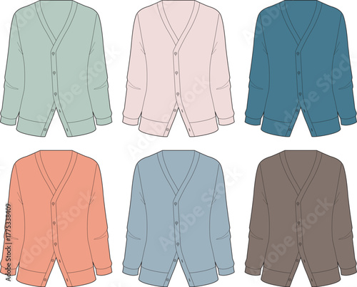 Colorful collection of classic V-neck cardigan sweaters. Vector illustration set of fashion flat sketches for apparel design and clothing templates