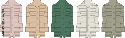 Collection of elegantly designed button-up cardigans in various colors, featuring stylish horizontal stripes, perfect for showcasing versatile fashion apparel and knitwear