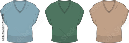 A collection of colorful sleeveless V-neck sweater vests. Vector fashion flat technical sketch template for apparel design and clothing mockups