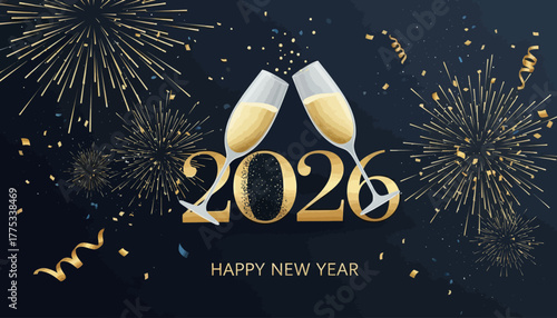 Happy New Year 2026 celebration with golden fireworks, confetti, and champagne glasses clinking on a dark background, symbolizing festivity.