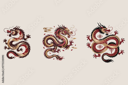 Chinese dragon and tribal tattoo design vector illustration art