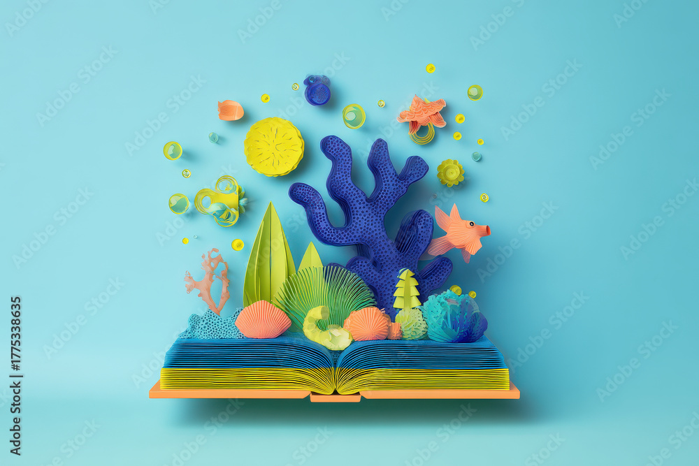 Naklejka premium open book with emerging d graphics brings nature and planet ecosystems to life