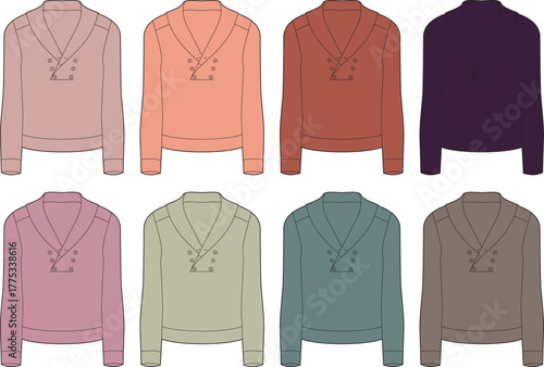 Collection of colorful long-sleeved tops, featuring a unique V-neck design with contrasting lace-up detailing, presented in a flat lay arrangement for versatile styling options