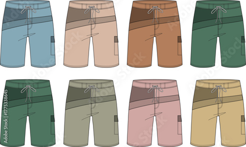 Collection of flat-design men's shorts in various colors, perfect for summer fashion and style aesthetics