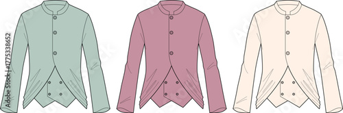 Set of vintage men's tailcoat jacket illustrations in pastel colors. A vector flat sketch collection for historical fashion and costume design