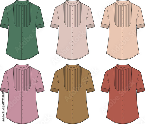 Six short-sleeved shirts with pleats and stand-up collars in various colors