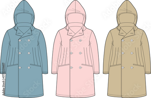 Set of colorful double-breasted hooded raincoats. Technical fashion flat sketch illustration of outerwear apparel for design