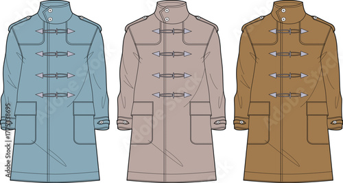 Elegant vector illustration set featuring three men's classic toggle coats in distinct colors, ideal for cold weather outerwear and timeless winter fashion apparel design