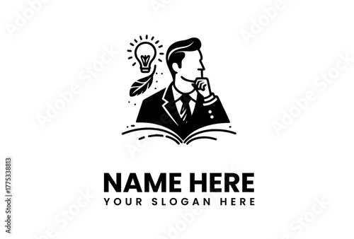 Author and thinker mascot logo design with a book, quill, and lightbulb idea. A black and white vector icon for a business or educational brand. 97