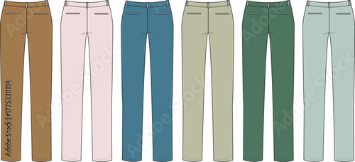 Set of women's classic trousers presented in multiple colorways. Technical fashion flat sketch vector template for apparel design
