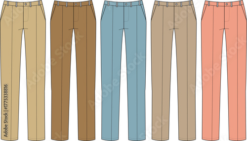 Fashion design technical sketch template of women's classic trousers in a variety of colors. Flat vector illustration set of female pants for apparel concepts