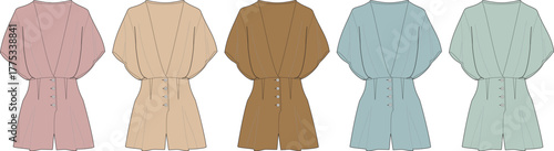 Flat lay fashion design concept Short-sleeved casual romper collection in five distinct pastel and earthy color variations, emphasizing modern comfort and style