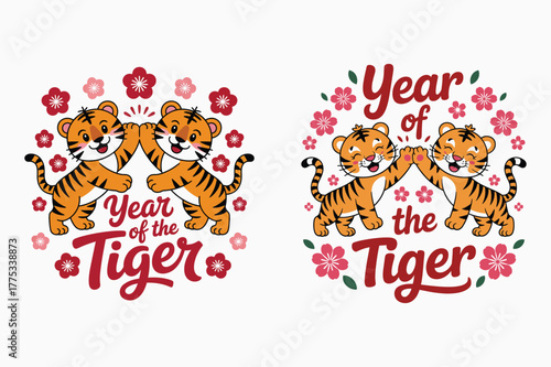 Two Happy Cartoon Tigers High- Fiving for Year of the Tiger with Flowers cute kawaii