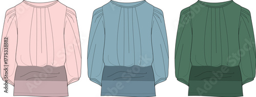 A stylish collection of three women's blouses in soft pink, serene blue, and deep green, showcasing versatile fashion for various occasions with elegant design details