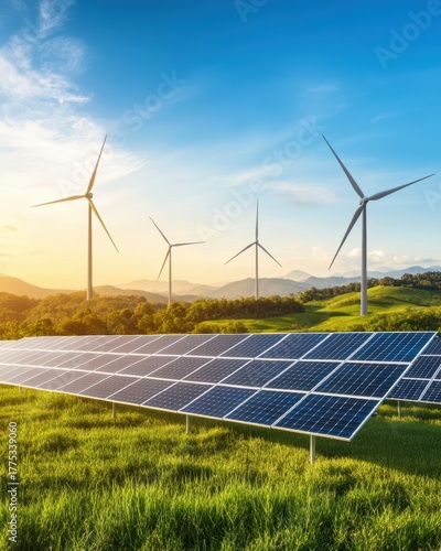 Hybrid Renewable Energy Landscape with Solar Panels and Wind Turbines in Mountain Field.
