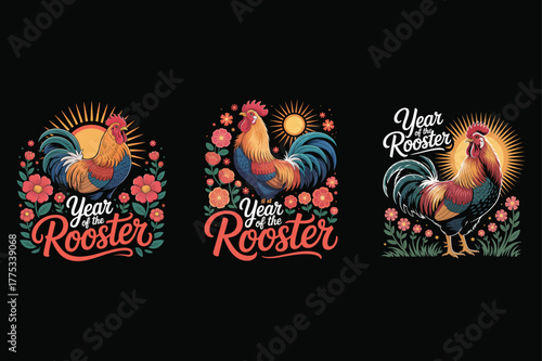 Three Year Of The Rooster Illustrations With Roosters And Flowers zodiac chinese zodiac