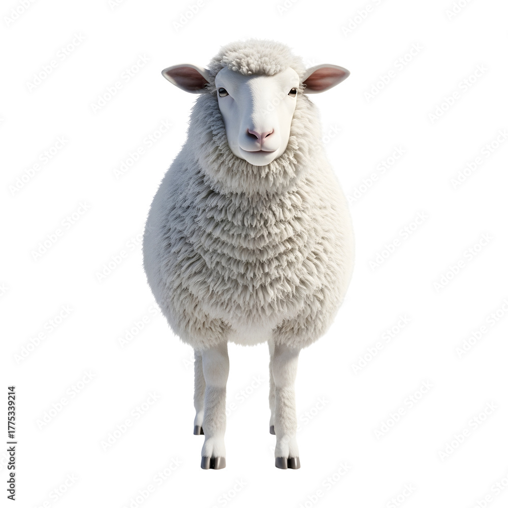 Fototapeta premium A fluffy white sheep standing facing forward, isolated on a transparent background, showcasing its thick wool and gentle expression, perfect for agricultural or natural themes