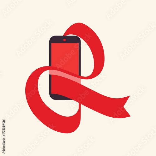 realistic red ribbon around smartphone sale display