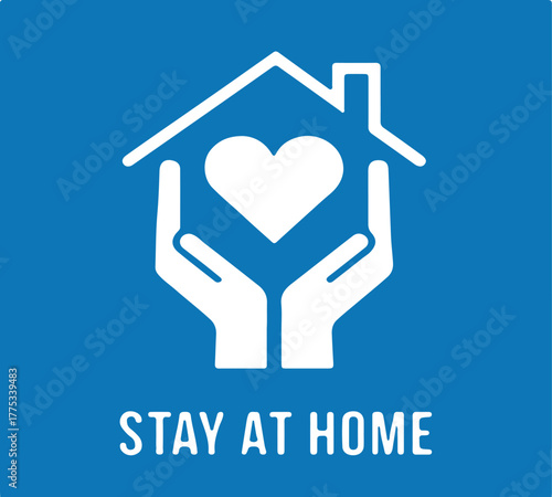 "STAY AT HOME" vector icon with house, heart, and hands representing safety and social distancing