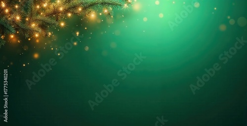 Christmas tree branches with golden lights on a green background. Festive holiday wallpaper with sparkling bokeh and copy space