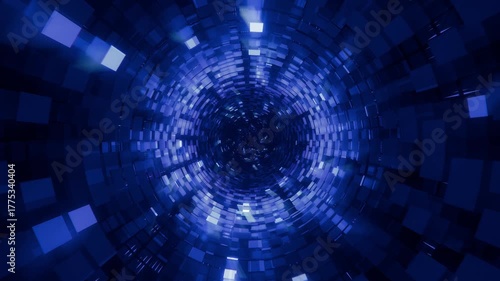 Vibrant abstract blue digital tunnel background with glowing square elements creating a futuristic wormhole or data flow in seamless loop.
