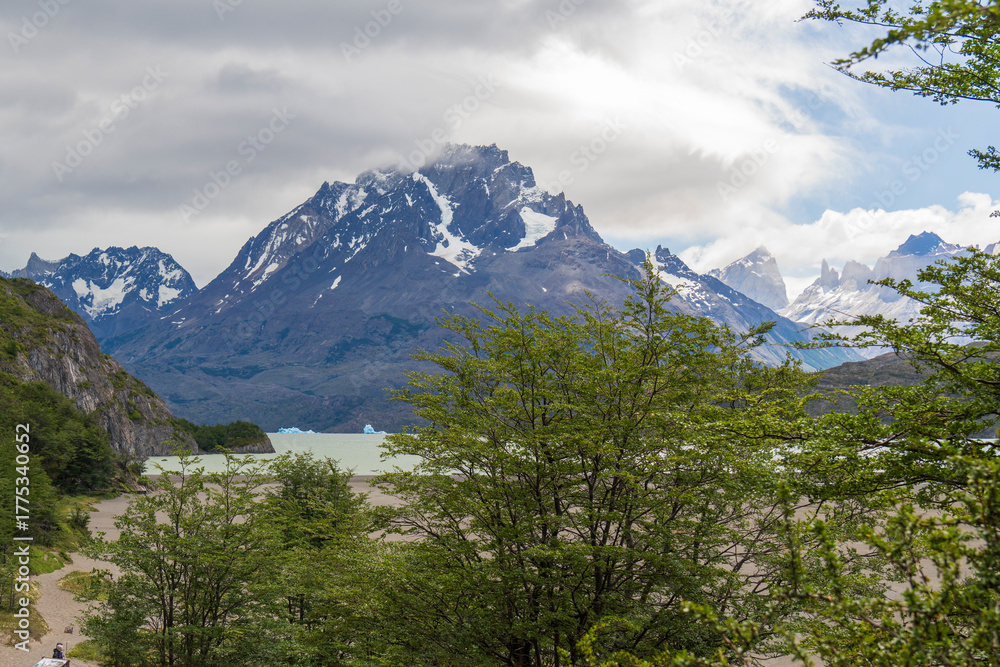 Obraz premium View of the mountain landscape in the national park Torres del Paine, Patagonia, Chile, South America. The lake Grey with iceberg and the horns in the background.