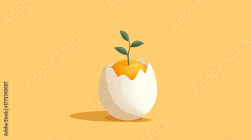 A richly detailed view of vivid still life: graphic design elements, fresh fruits (apple, tangelo, egg), and green houseplants in a minimalist vase.