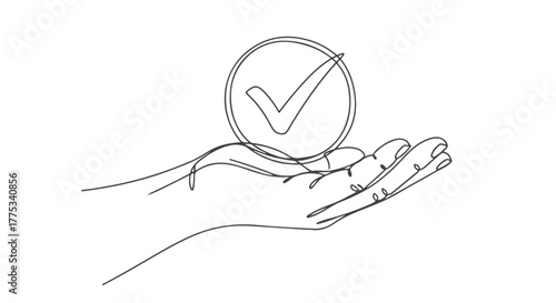 The Art of Simplicity A Continuous One-Line Drawing of a Hand Holding a Checkmark, symbolizing approval and success