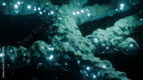 Close-up abstract view of interconnected organic structures resembling cells or neural pathways, featuring bright, glowing blue nodes against a dark background. Ideal for microbiology, neuroscience.