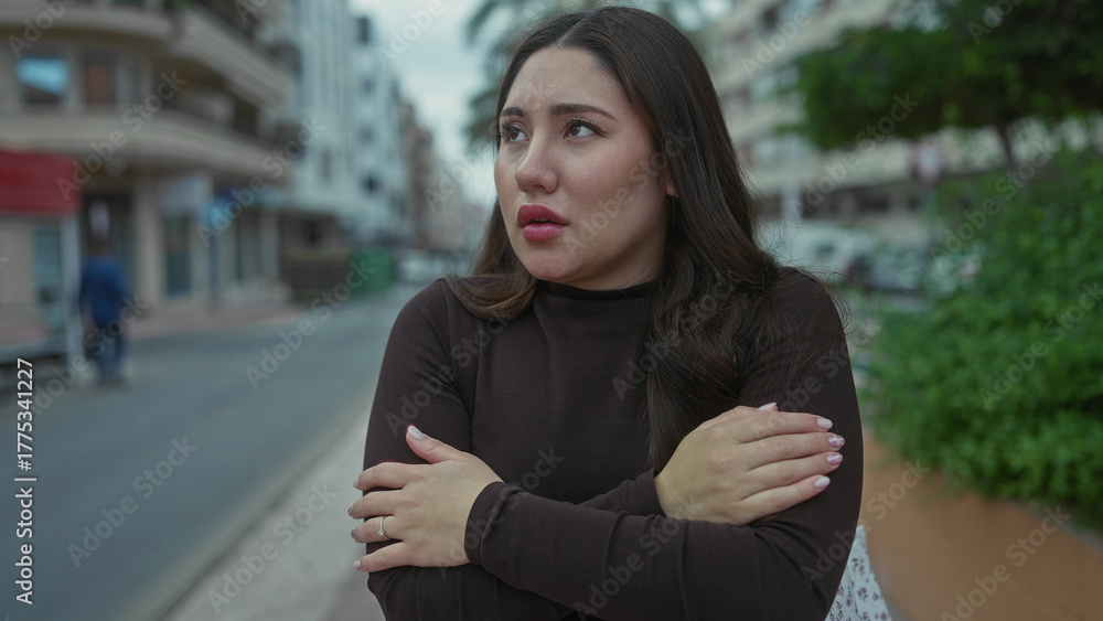 Fototapeta premium Hispanic woman holds temples on city street lined with apartments and parked cars while wearing long dark top; discomfort.