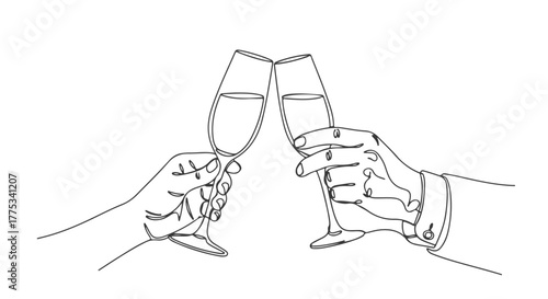 An elegant one continuous line drawing of two hands making a toast with champagne flutes, a minimalist vector concept for a celebration